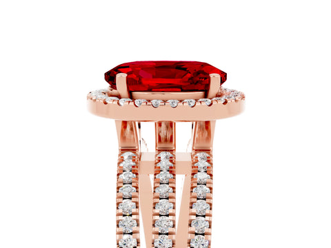 Rose gold {shape_name} Ruby Halo Engagement Ring with Split Shank and Four-Prong Setting_5