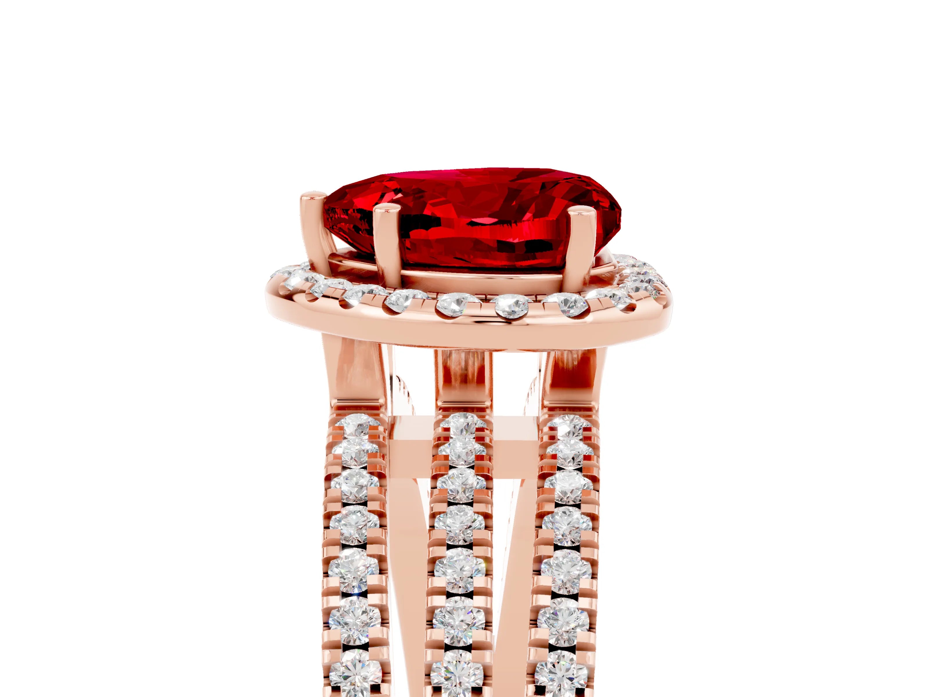 Rose gold {shape_name} Ruby Halo Engagement Ring with Split Shank and Four-Prong Setting_5