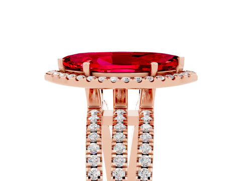 Rose gold {shape_name} Ruby Halo Engagement Ring with Split Shank and Four-Prong Setting_5