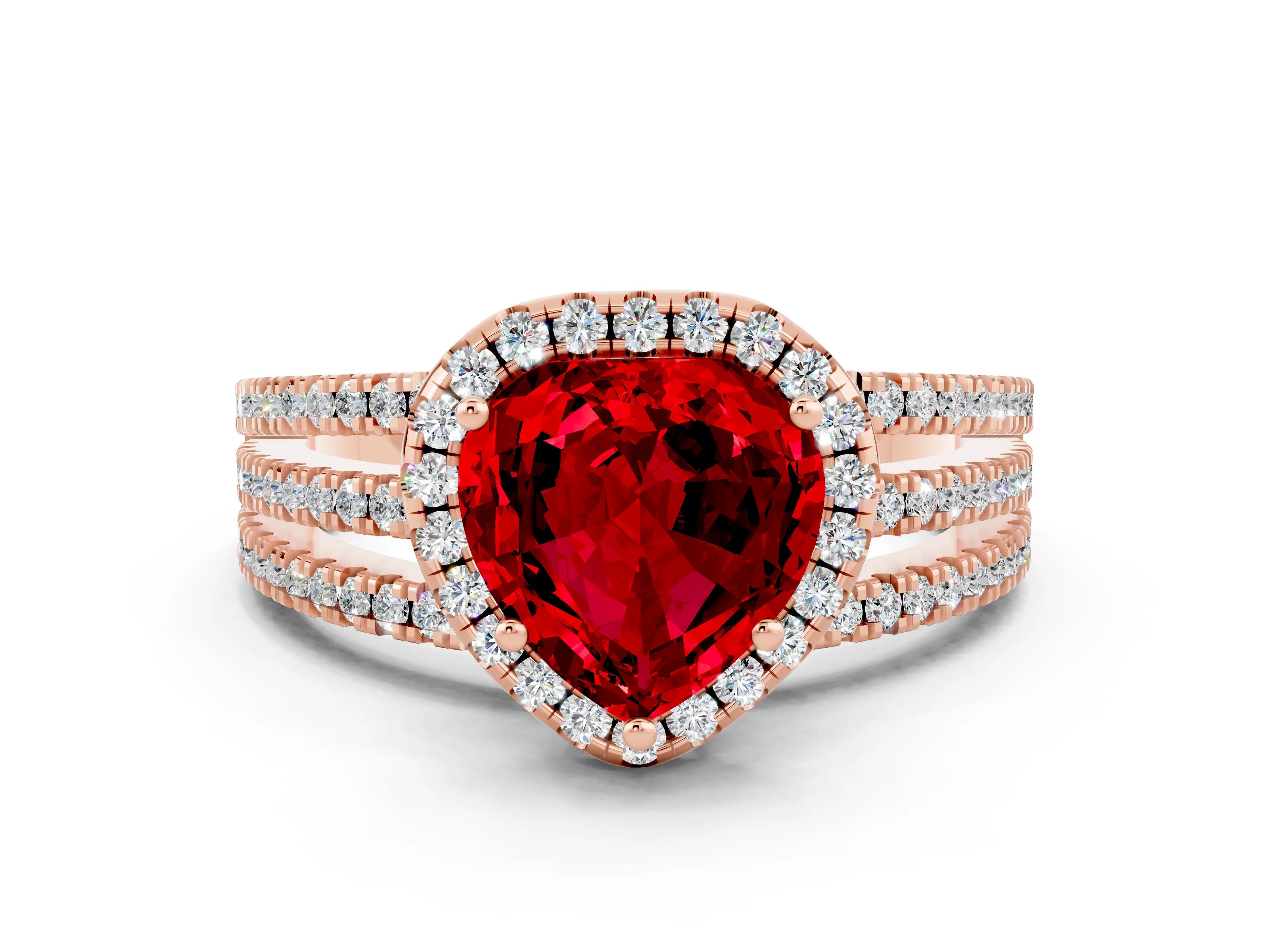 Rose gold {shape_name} Ruby Halo Engagement Ring with Split Shank and Four-Prong Setting
