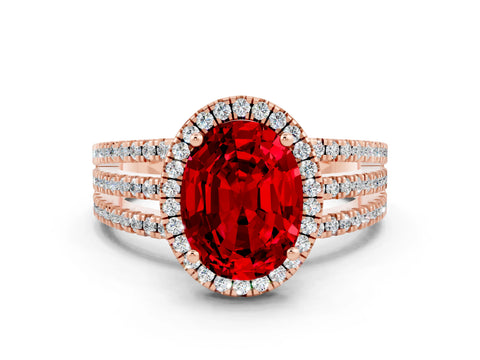 Rose gold {shape_name} Ruby Halo Engagement Ring with Split Shank and Four-Prong Setting