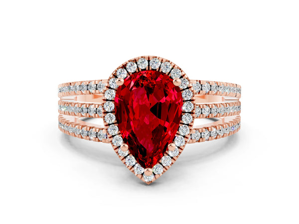 Rose gold Pear Cut Ruby Halo Engagement Ring with Split Shank and Four-Prong Setting