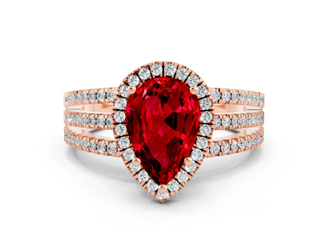 Rose gold {shape_name} Ruby Halo Engagement Ring with Split Shank and Four-Prong Setting