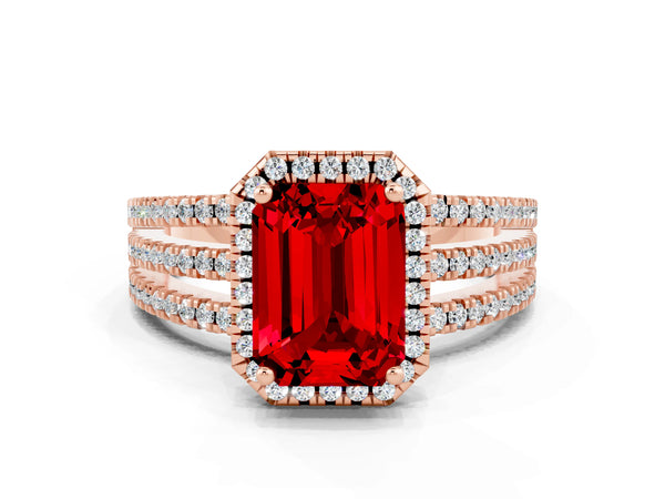 Rose gold Emerald Cut Ruby Halo Engagement Ring with Split Shank and Four-Prong Setting