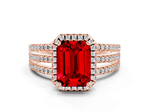 Rose gold {shape_name} Ruby Halo Engagement Ring with Split Shank and Four-Prong Setting
