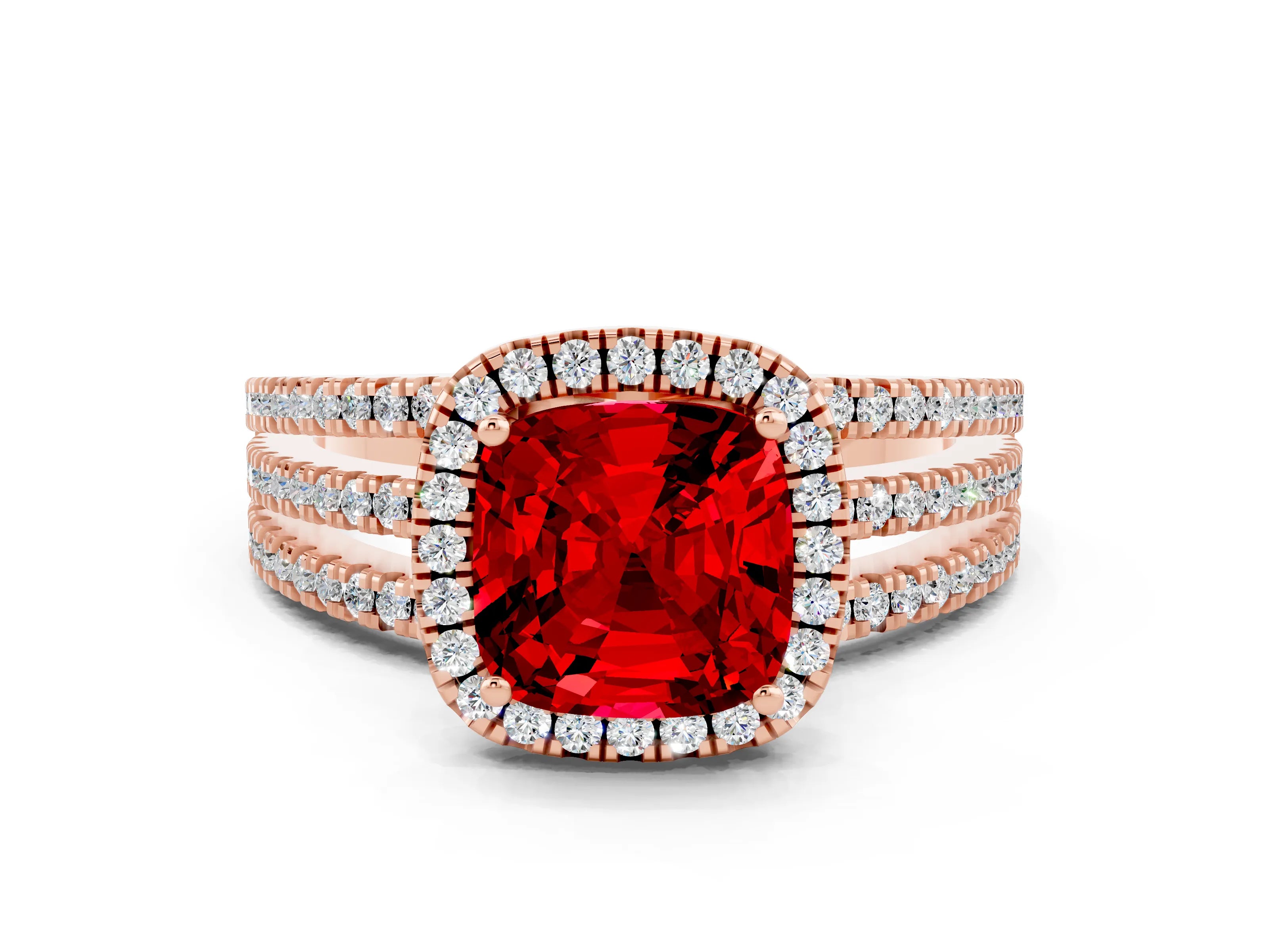 Rose gold {shape_name} Ruby Halo Engagement Ring with Split Shank and Four-Prong Setting