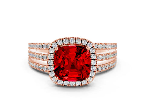 Rose gold {shape_name} Ruby Halo Engagement Ring with Split Shank and Four-Prong Setting