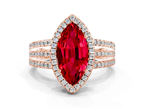 Rose gold {shape_name} Ruby Halo Engagement Ring with Split Shank and Four-Prong Setting