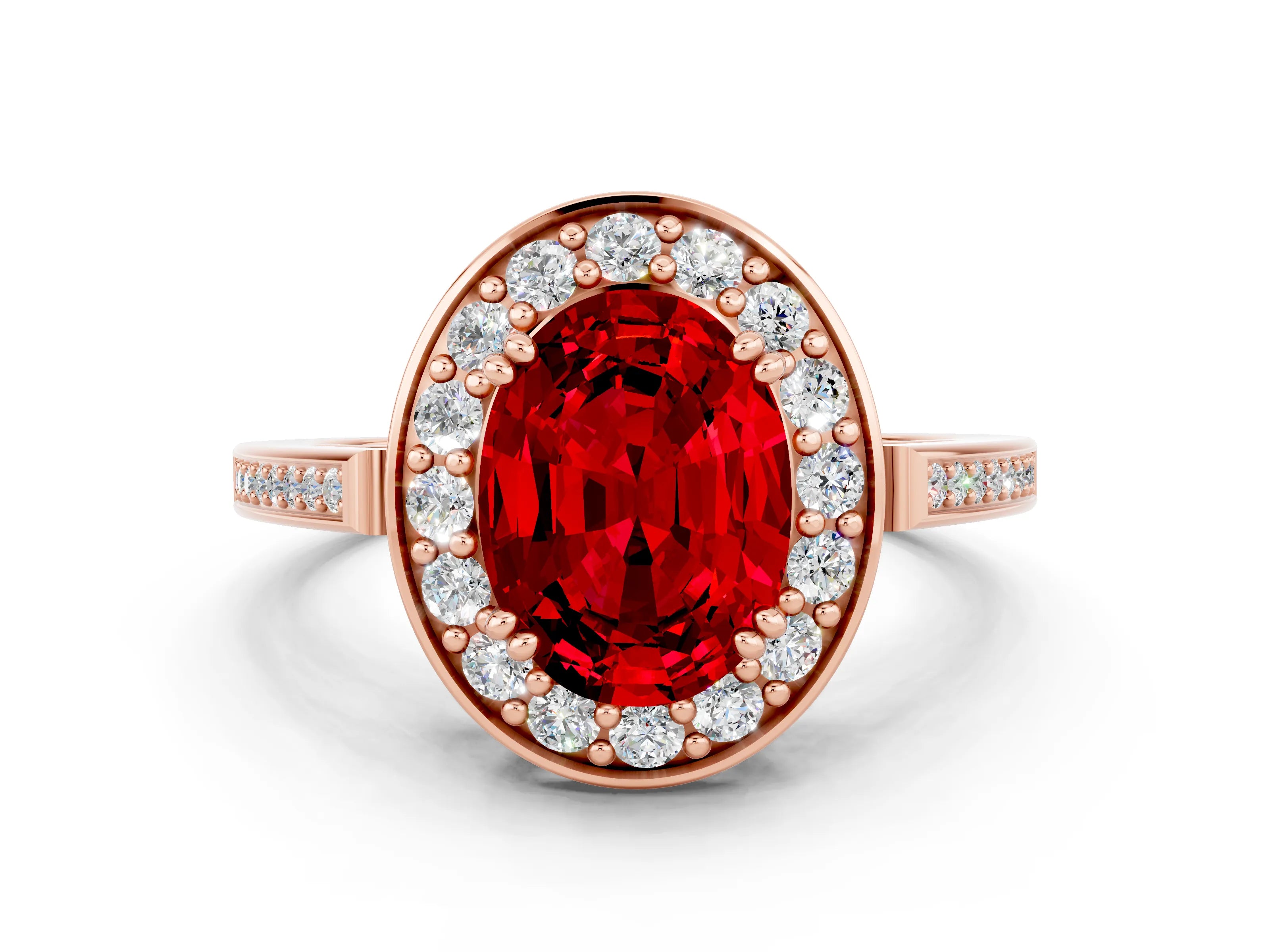Rose gold {shape_name} Ruby Halo Ring with Split Shank and Four-Prong Setting