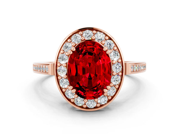 Rose gold Oval Cut Ruby Halo Ring with Split Shank and Four-Prong Setting