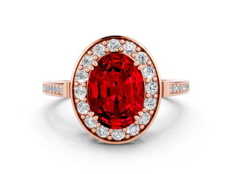 Rose gold {shape_name} Ruby Halo Ring with Split Shank and Four-Prong Setting