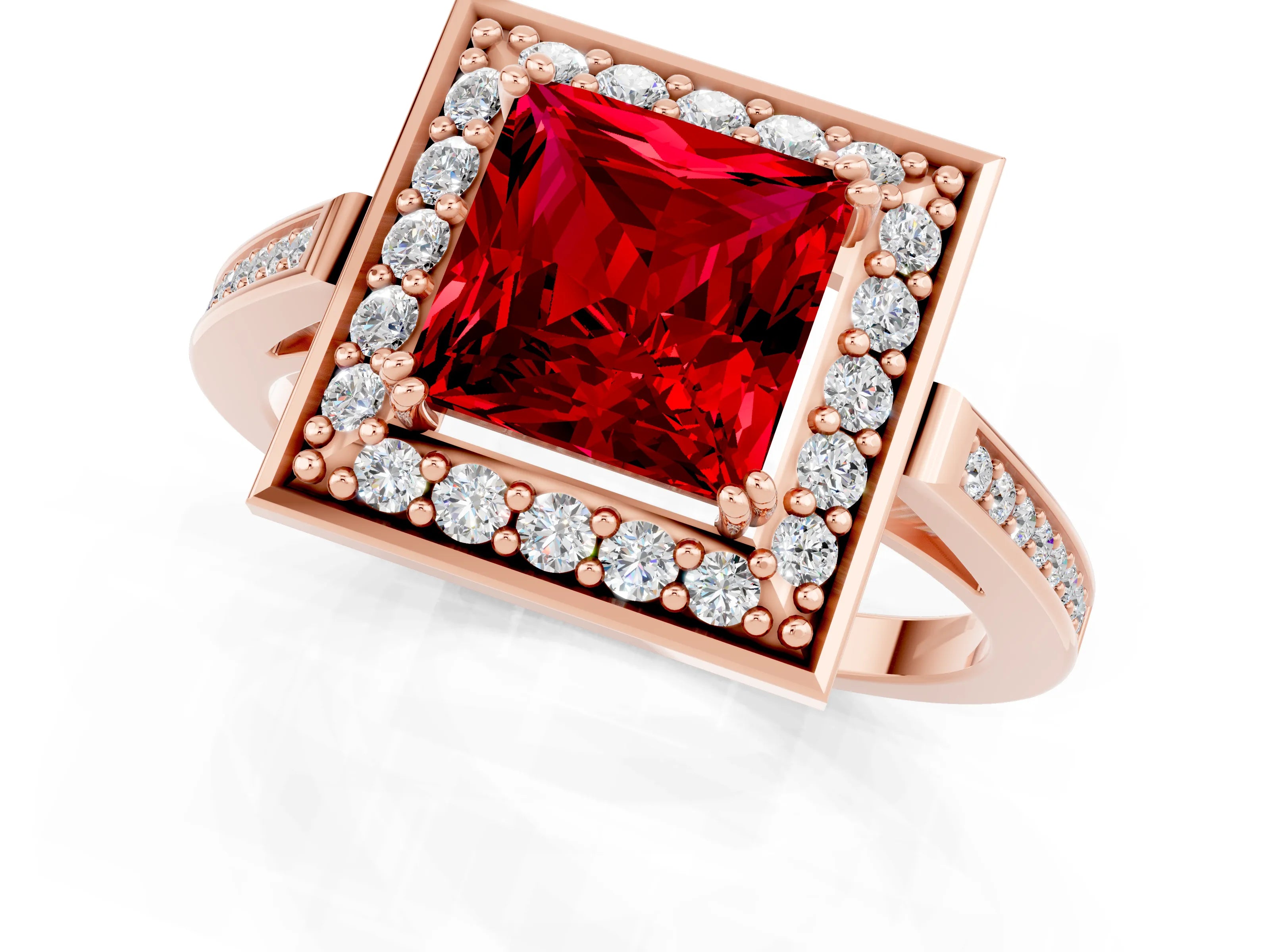 Rose gold {shape_name} Ruby Halo Ring with Split Shank and Four-Prong Setting_1