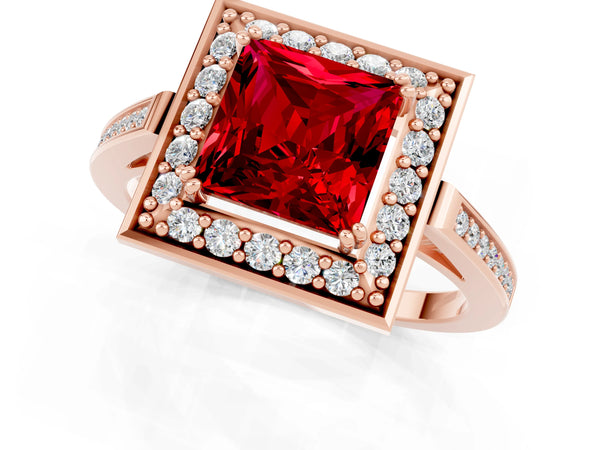 Rose gold Princess Cut Ruby Halo Ring with Split Shank and Four-Prong Setting