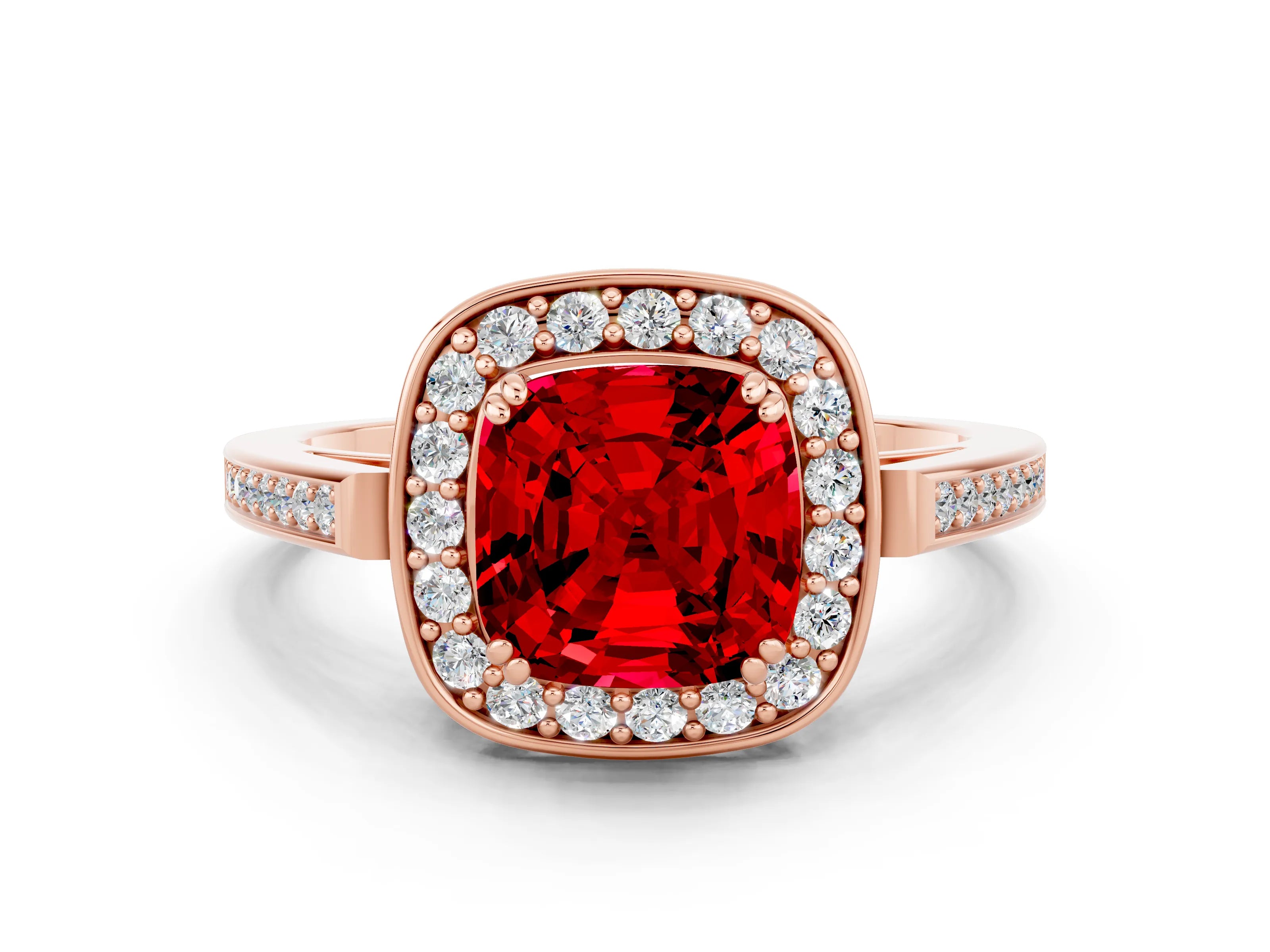 Rose gold {shape_name} Ruby Halo Ring with Split Shank and Four-Prong Setting_12