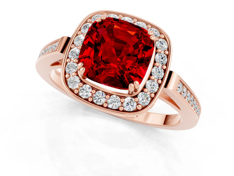 Rose gold {shape_name} Ruby Halo Ring with Split Shank and Four-Prong Setting_13
