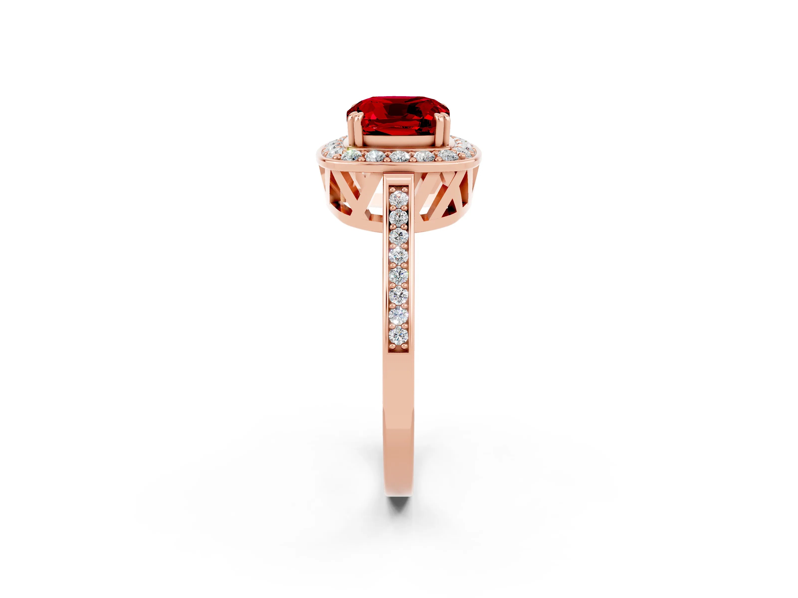 Rose gold {shape_name} Ruby Halo Ring with Split Shank and Four-Prong Setting_14