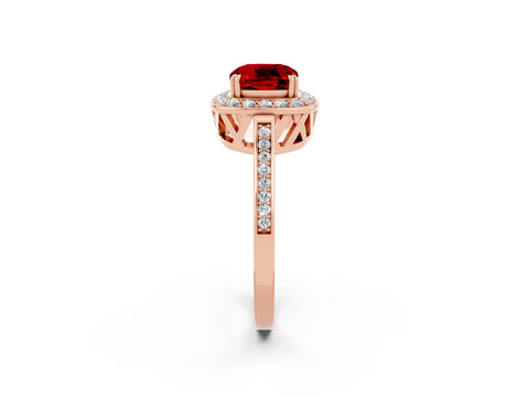 Rose gold {shape_name} Ruby Halo Ring with Split Shank and Four-Prong Setting_14