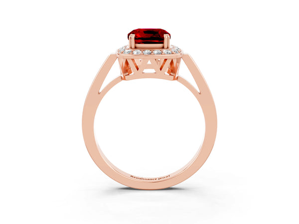 Rose gold Cushion Cut Ruby Halo Ring with Split Shank and Four-Prong Setting