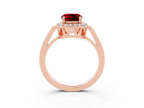 Rose gold {shape_name} Ruby Halo Ring with Split Shank and Four-Prong Setting_15