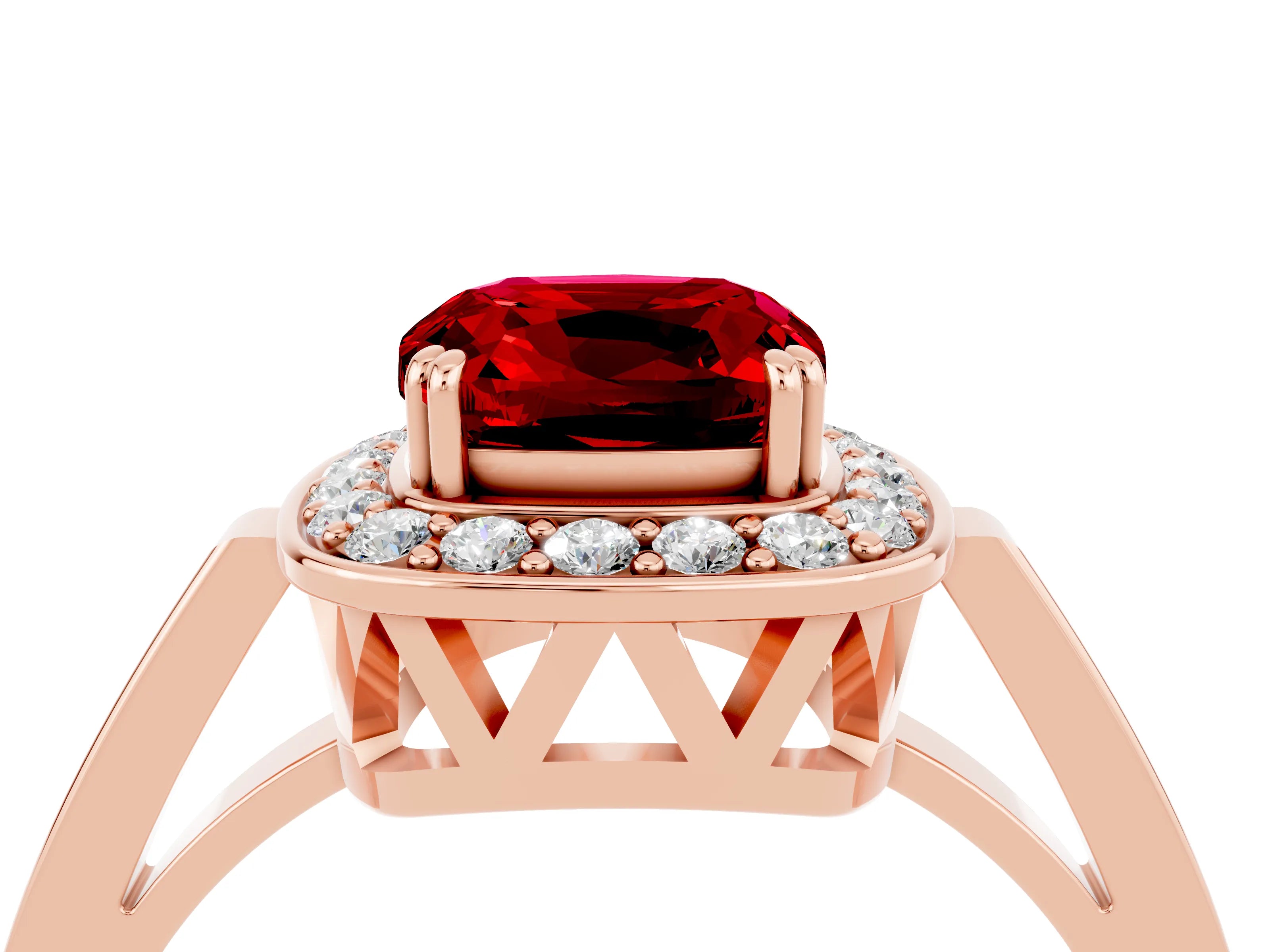 Rose gold {shape_name} Ruby Halo Ring with Split Shank and Four-Prong Setting_16