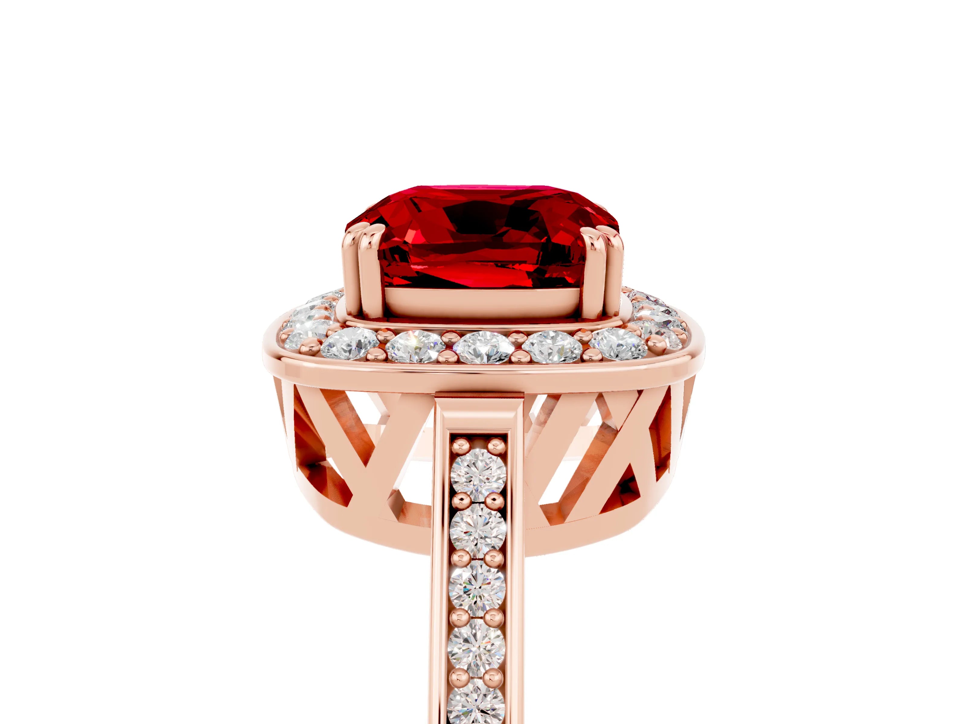 Rose gold {shape_name} Ruby Halo Ring with Split Shank and Four-Prong Setting_17