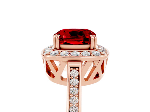 Rose gold {shape_name} Ruby Halo Ring with Split Shank and Four-Prong Setting_17