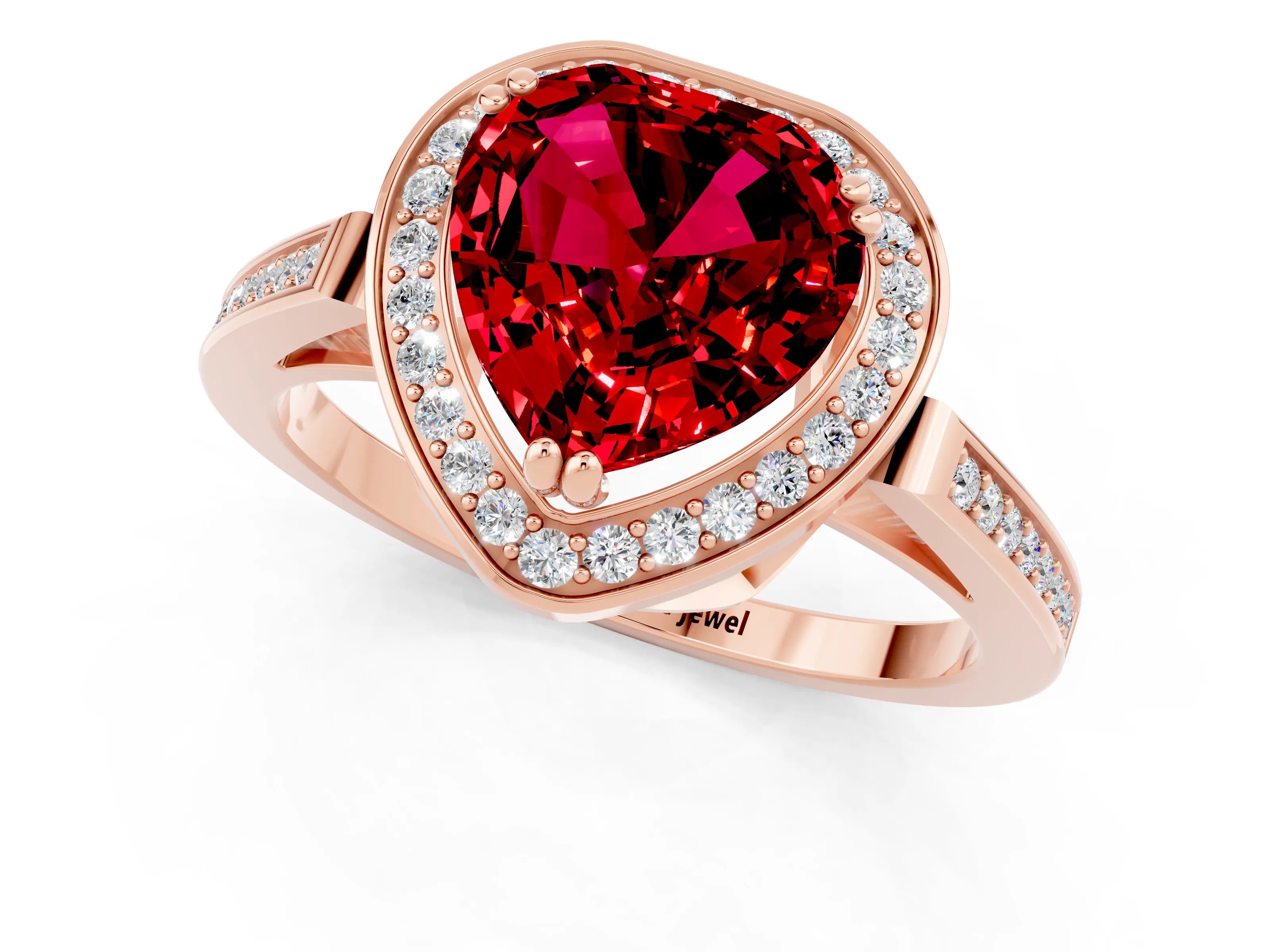 Rose gold {shape_name} Ruby Halo Ring with Split Shank and Four-Prong Setting_1