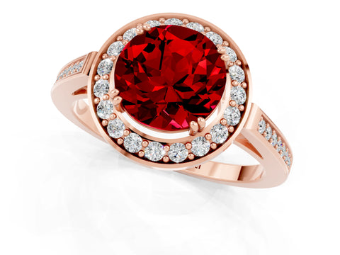 Rose gold {shape_name} Ruby Halo Ring with Split Shank and Four-Prong Setting_1