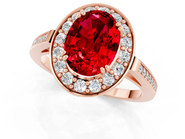 Rose gold Oval Cut Ruby Halo Ring with Split Shank and Four-Prong Setting