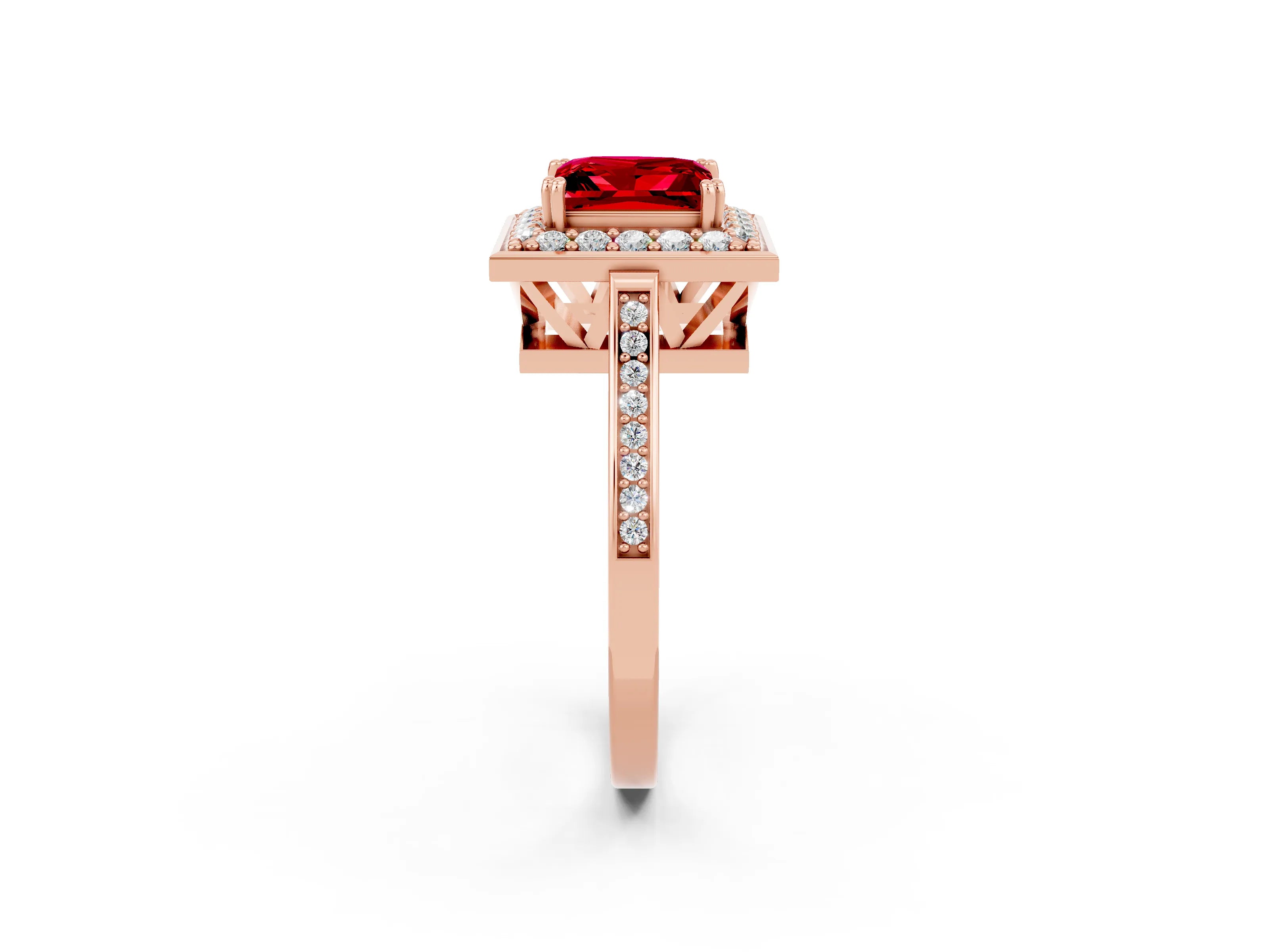 Rose gold {shape_name} Ruby Halo Ring with Split Shank and Four-Prong Setting_2