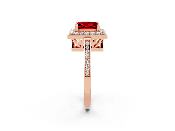 Rose gold Princess Cut Ruby Halo Ring with Split Shank and Four-Prong Setting