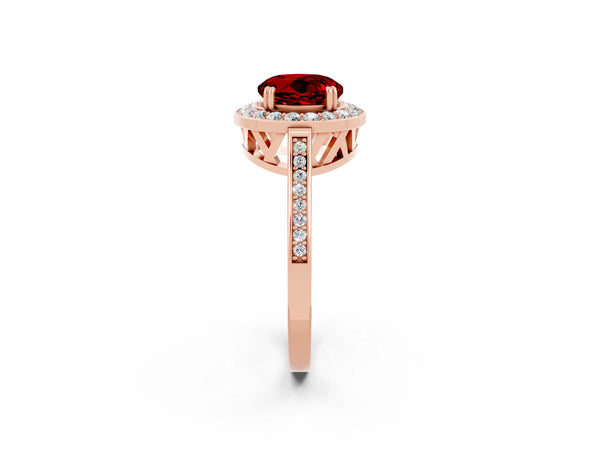 Rose gold Round Cut Ruby Halo Ring with Split Shank and Four-Prong Setting