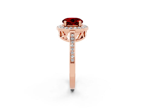 Rose gold {shape_name} Ruby Halo Ring with Split Shank and Four-Prong Setting_2