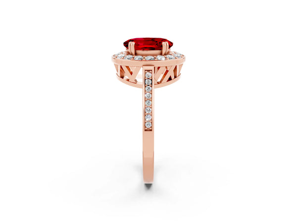 Rose gold Oval Cut Ruby Halo Ring with Split Shank and Four-Prong Setting