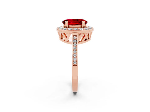 Rose gold {shape_name} Ruby Halo Ring with Split Shank and Four-Prong Setting_2