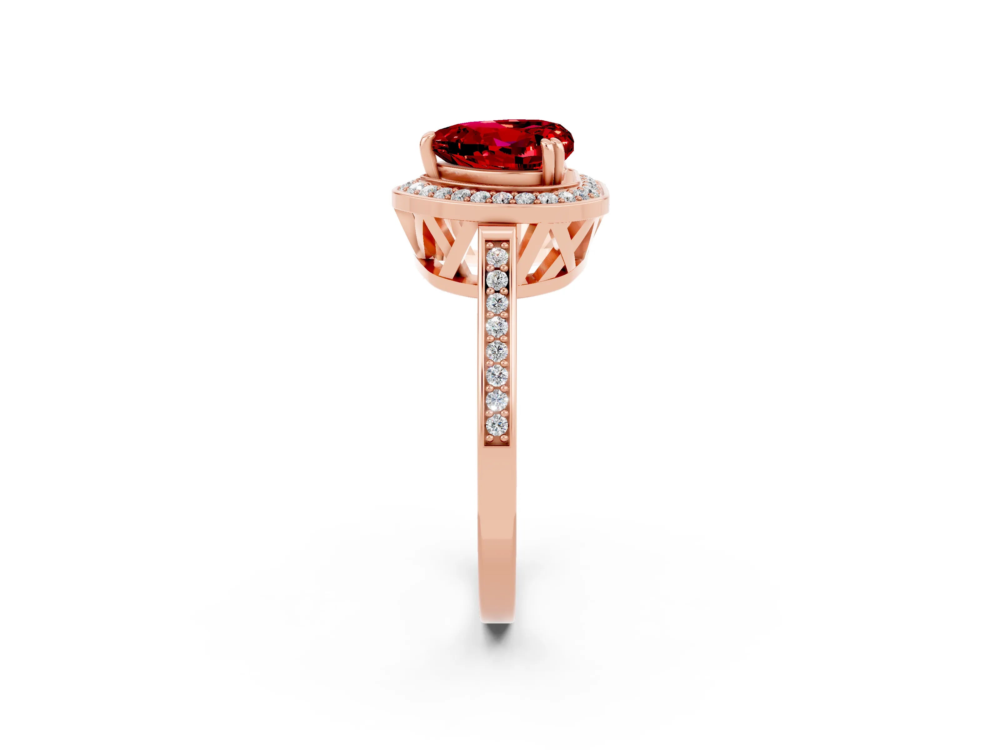 Rose gold {shape_name} Ruby Halo Ring with Split Shank and Four-Prong Setting_2