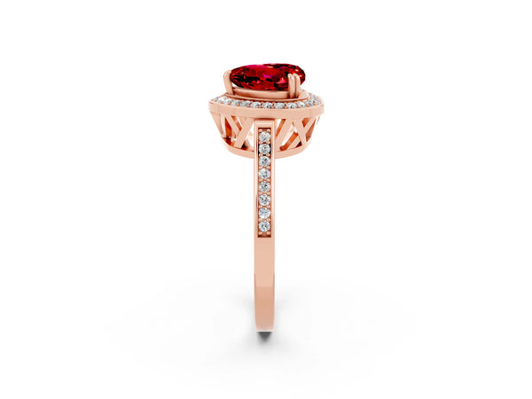 Rose gold Heart Cut Ruby Halo Ring with Split Shank and Four-Prong Setting