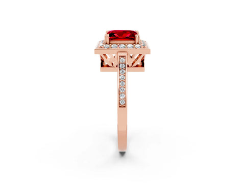 Rose gold {shape_name} Ruby Halo Ring with Split Shank and Four-Prong Setting_2