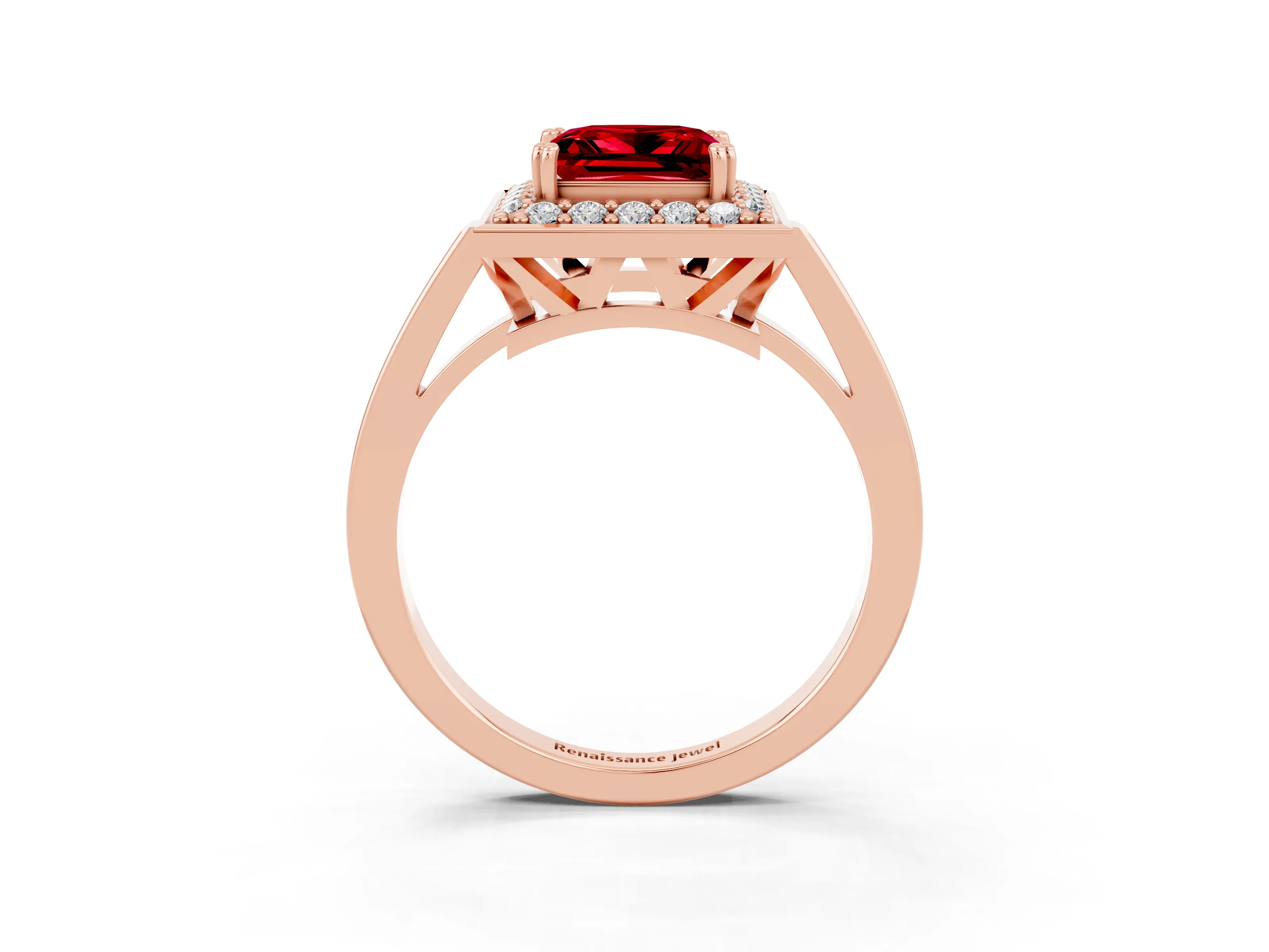 Rose gold {shape_name} Ruby Halo Ring with Split Shank and Four-Prong Setting_3