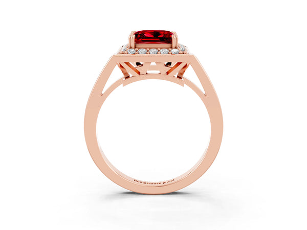 Rose gold Princess Cut Ruby Halo Ring with Split Shank and Four-Prong Setting