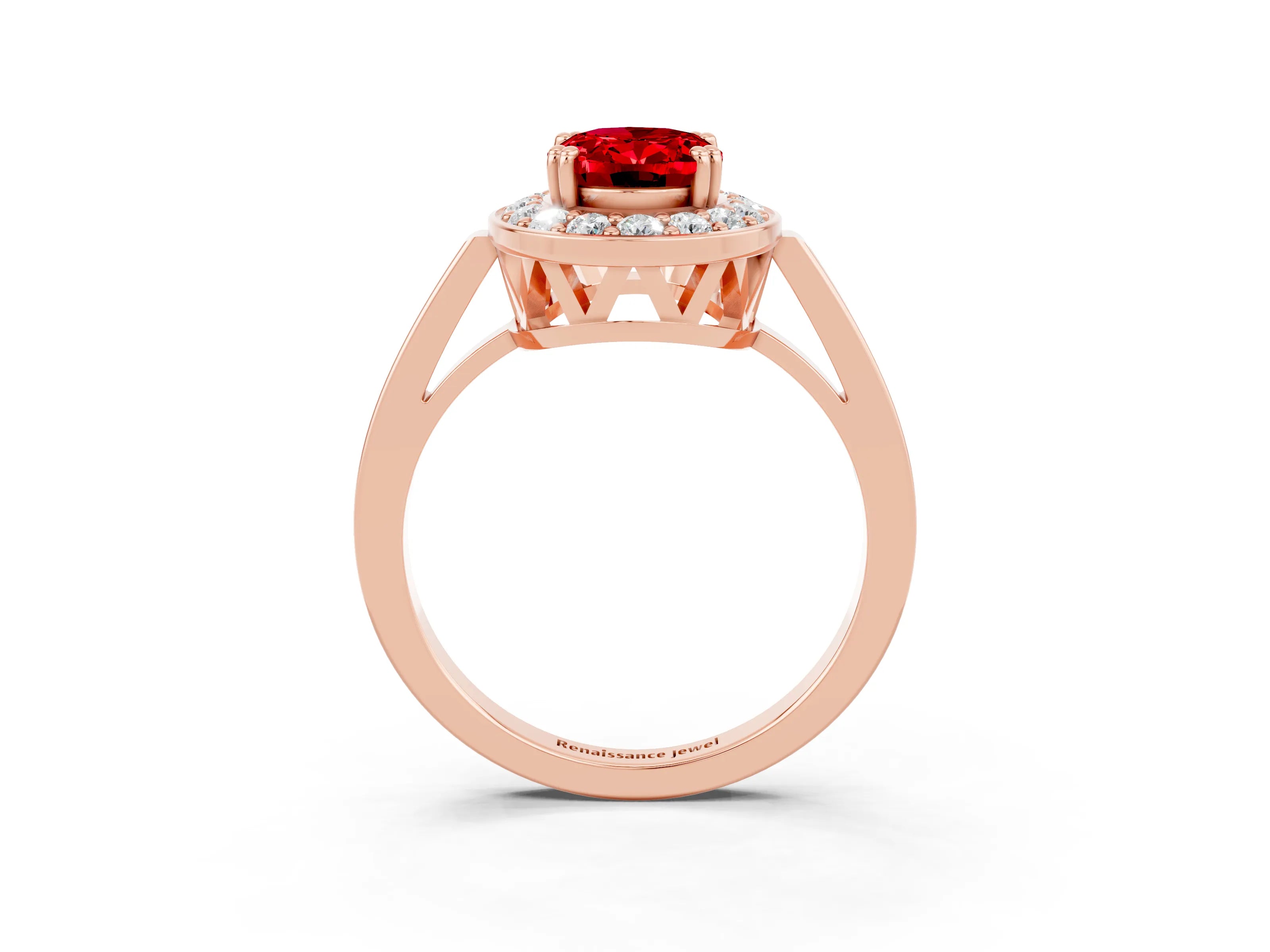 Rose gold {shape_name} Ruby Halo Ring with Split Shank and Four-Prong Setting_3