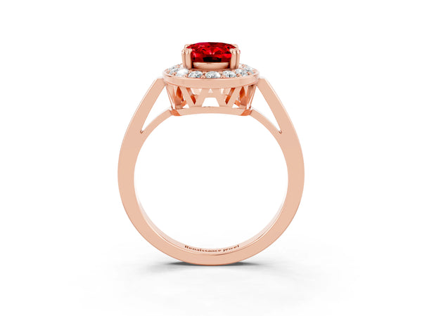 Rose gold Oval Cut Ruby Halo Ring with Split Shank and Four-Prong Setting