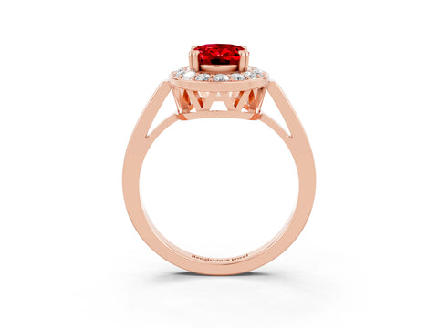 Rose gold {shape_name} Ruby Halo Ring with Split Shank and Four-Prong Setting_3