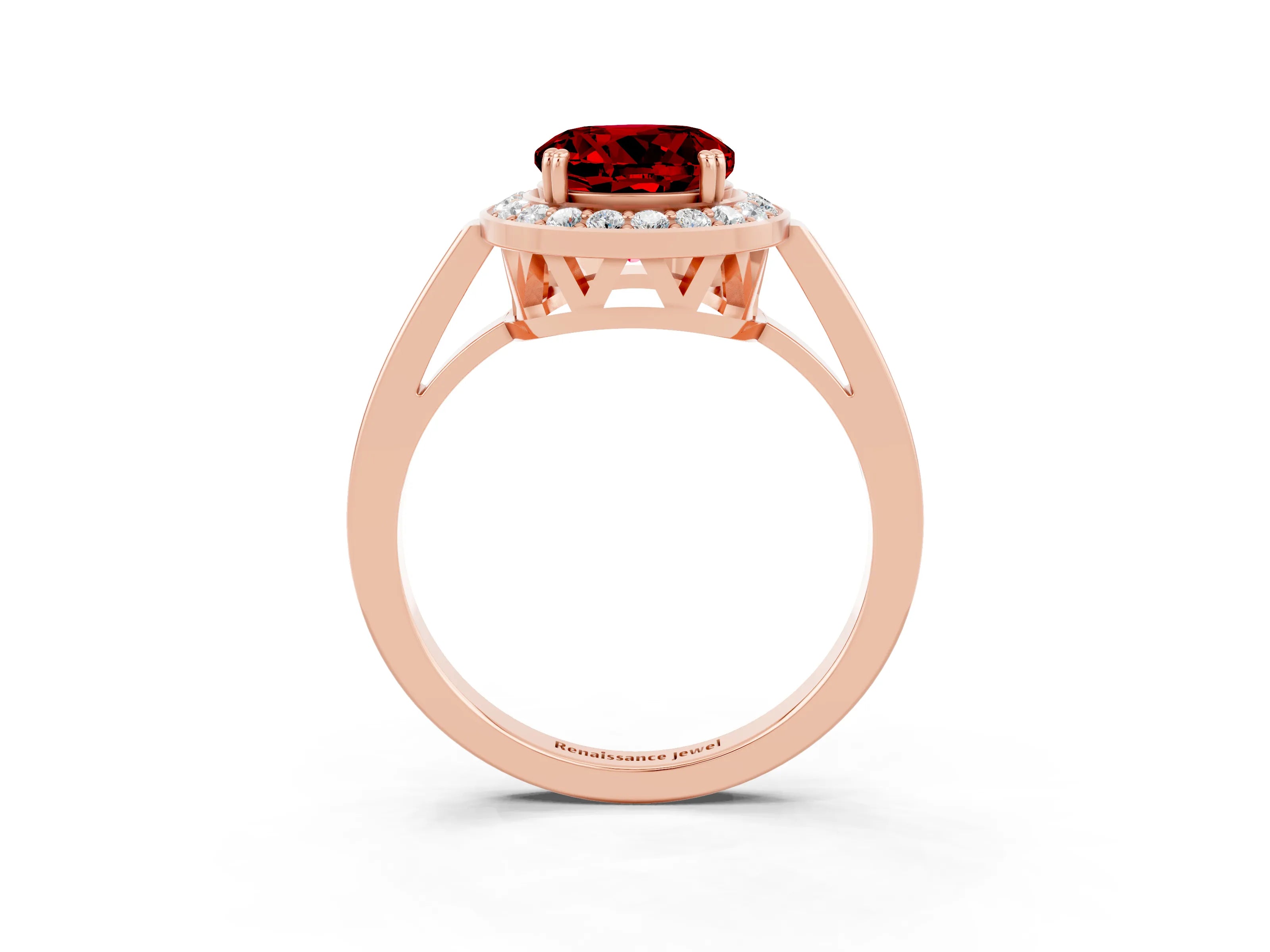 Rose gold {shape_name} Ruby Halo Ring with Split Shank and Four-Prong Setting_3