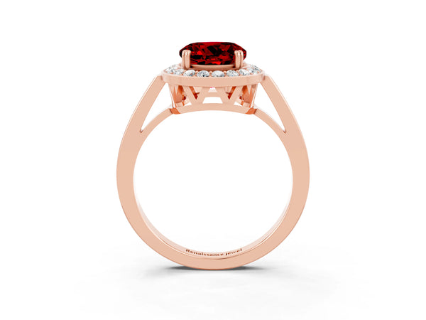 Rose gold Round Cut Ruby Halo Ring with Split Shank and Four-Prong Setting