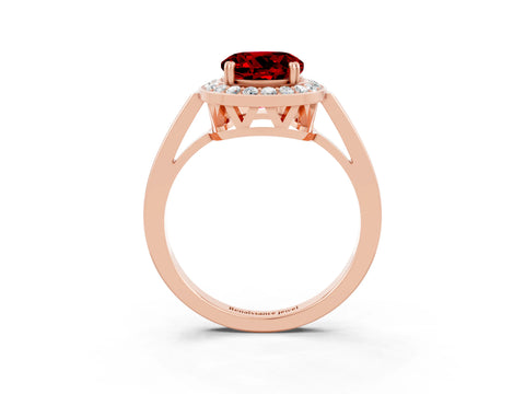 Rose gold {shape_name} Ruby Halo Ring with Split Shank and Four-Prong Setting_3
