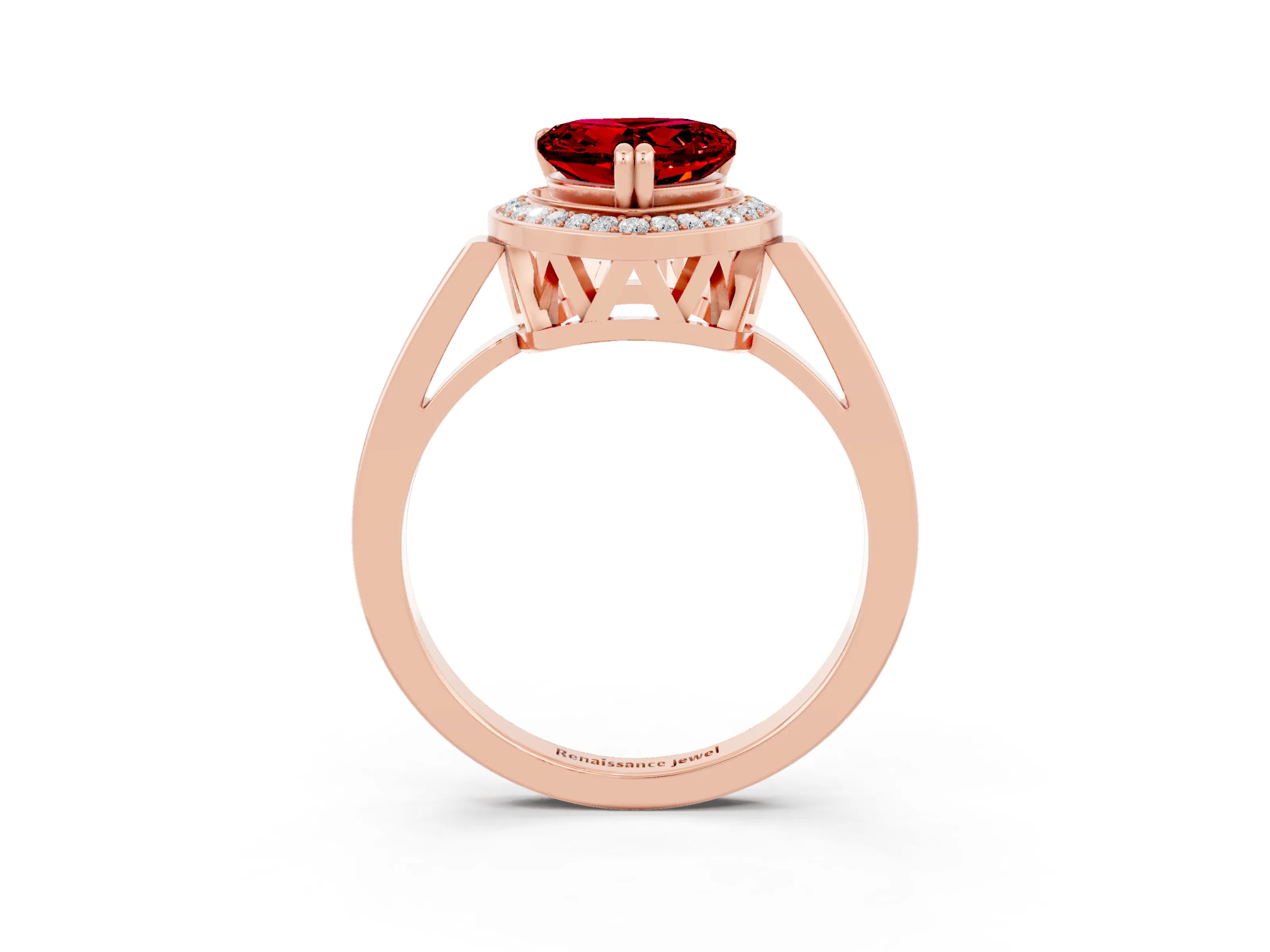 Rose gold {shape_name} Ruby Halo Ring with Split Shank and Four-Prong Setting_3