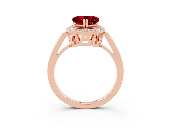 Rose gold Heart Cut Ruby Halo Ring with Split Shank and Four-Prong Setting