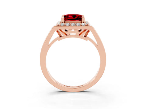 Rose gold {shape_name} Ruby Halo Ring with Split Shank and Four-Prong Setting_3