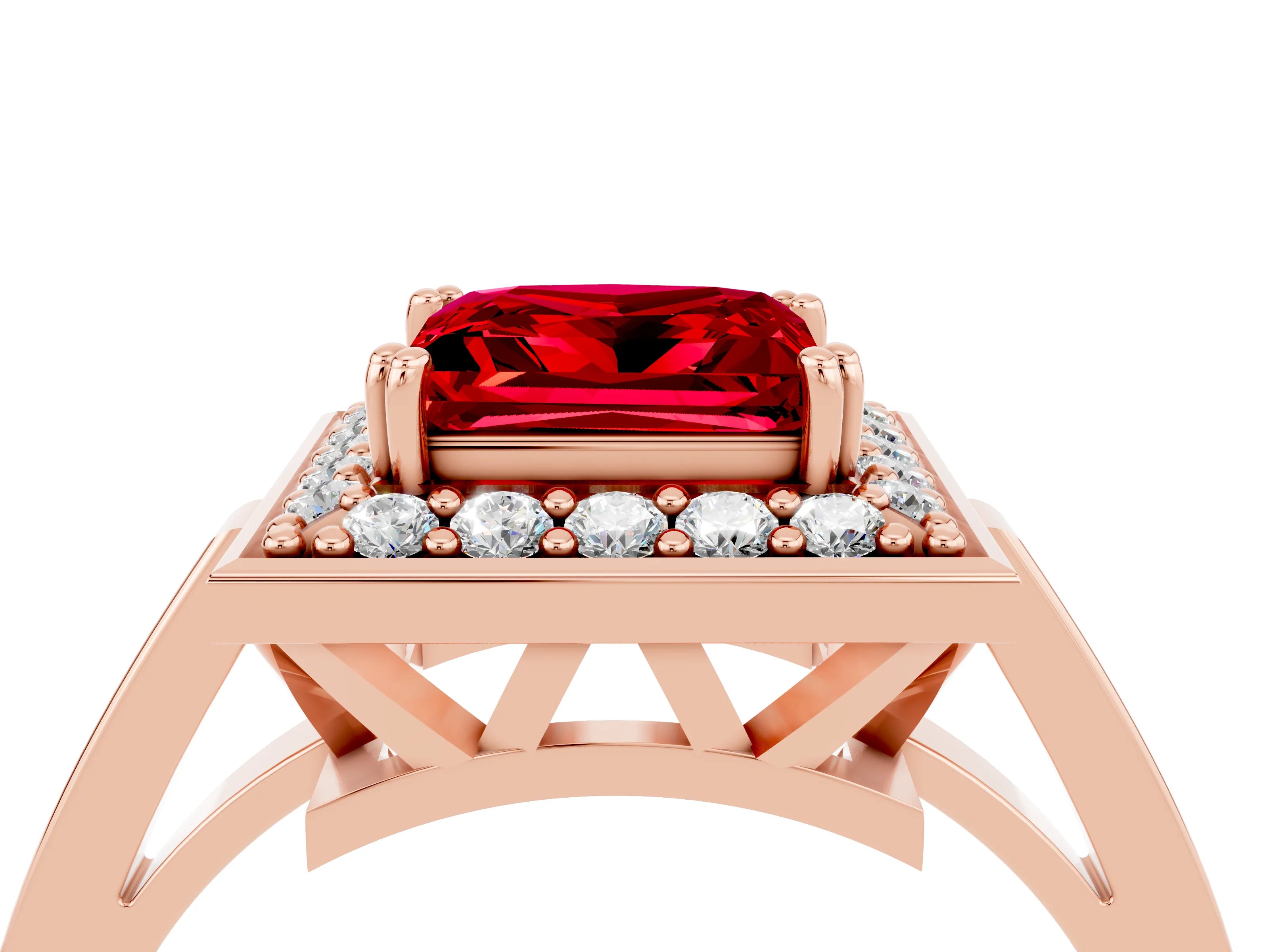 Rose gold {shape_name} Ruby Halo Ring with Split Shank and Four-Prong Setting_4